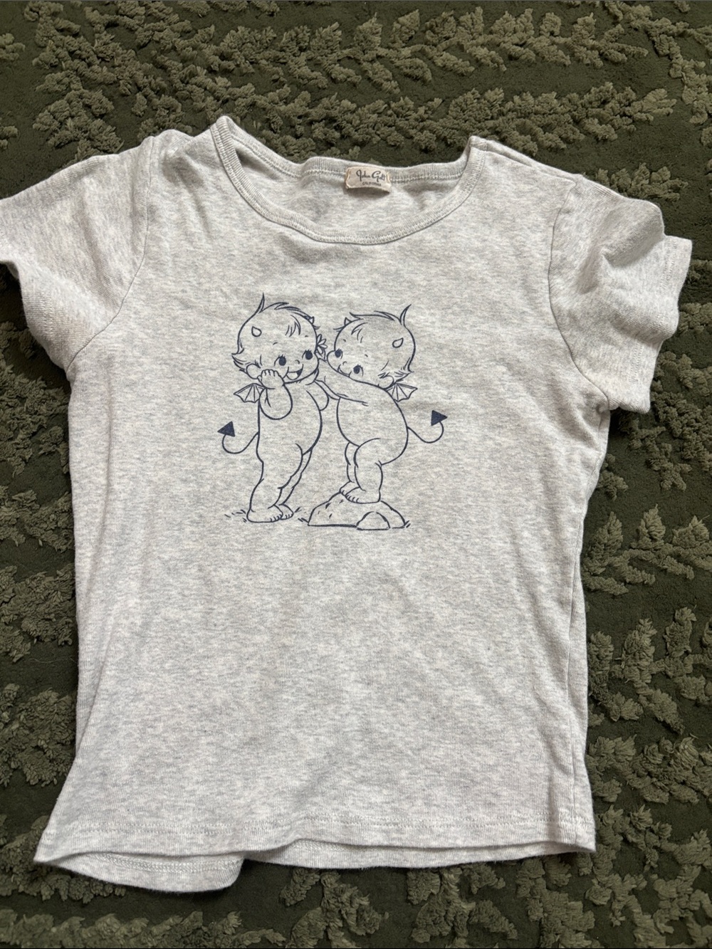 Brandy Melville Light Gray Tee with Navy Devil Twins Graphic
